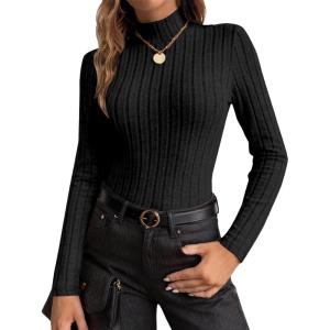 Ekouaer Women’s Long Sleeve Mock Turtleneck Tops Ribbed Shirts Fleece Soft Thermal Undershirts Tee(Black)
