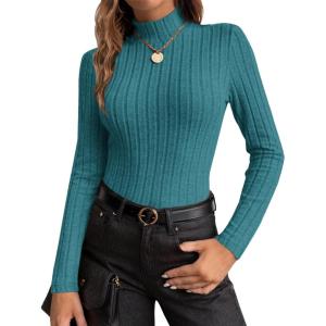 Ekouaer Women’s Long Sleeve Mock Turtleneck Tops Ribbed Shirts Fleece Soft Thermal Undershirts Tee(Blue Green)
