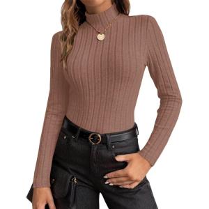 Ekouaer Women’s Long Sleeve Mock Turtleneck Tops Ribbed Shirts Fleece Soft Thermal Undershirts Tee(Brown)