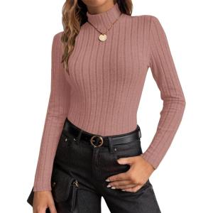 Ekouaer Women’s Long Sleeve Mock Turtleneck Tops Ribbed Shirts Fleece Soft Thermal Undershirts Tee(Dirty Pink)