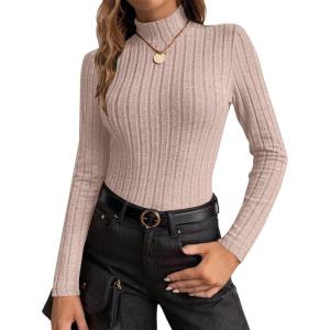 Ekouaer Women’s Long Sleeve Mock Turtleneck Tops Ribbed Shirts Fleece Soft Thermal Undershirts Tee(Khaki-1)