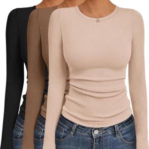 Ekouaer Women’s Long Sleeve Shirts 3 Packs Crew Neck Stretchy Fitted Tops Ribbed Base Layer Soft Thermal Undershirts Tee(Black / Beige / Brown (3pcs))