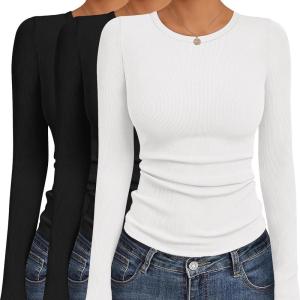 Ekouaer Women’s Long Sleeve Shirts 3 Packs Crew Neck Stretchy Fitted Tops Ribbed Base Layer Soft Thermal Undershirts Tee(Black / Black / White (3pcs))