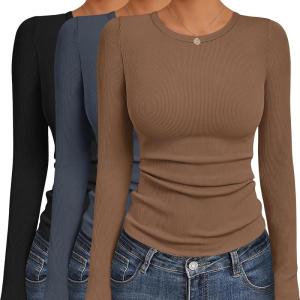 Ekouaer Women’s Long Sleeve Shirts 3 Packs Crew Neck Stretchy Fitted Tops Ribbed Base Layer Soft Thermal Undershirts Tee(Black / Dark Gray / Brown (3pcs))