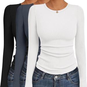Ekouaer Women’s Long Sleeve Shirts 3 Packs Crew Neck Stretchy Fitted Tops Ribbed Base Layer Soft Thermal Undershirts Tee(Black / Dark Gray / White (3pcs))