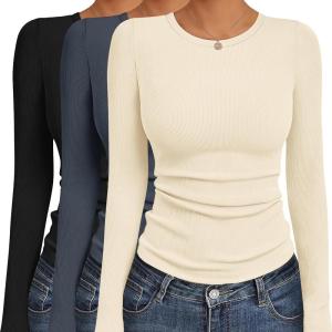 Ekouaer Women’s Long Sleeve Shirts 3 Packs Crew Neck Stretchy Fitted Tops Ribbed Base Layer Soft Thermal Undershirts Tee(Black / Dark Grey / Off White (3pcs))