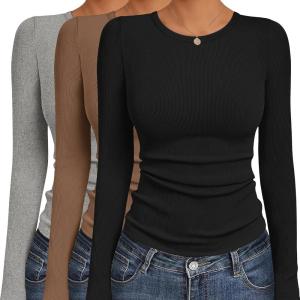 Ekouaer Women’s Long Sleeve Shirts 3 Packs Crew Neck Stretchy Fitted Tops Ribbed Base Layer Soft Thermal Undershirts Tee(Black / Light Gray / Brown (3pcs))