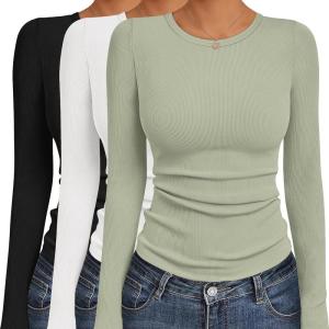 Ekouaer Women’s Long Sleeve Shirts 3 Packs Crew Neck Stretchy Fitted Tops Ribbed Base Layer Soft Thermal Undershirts Tee(Black / White / Light Green (3pcs))