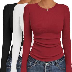 Ekouaer Women’s Long Sleeve Shirts 3 Packs Crew Neck Stretchy Fitted Tops Ribbed Base Layer Soft Thermal Undershirts Tee(Black / White / Red (3pcs))