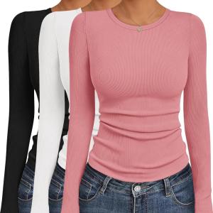 Ekouaer Women’s Long Sleeve Shirts 3 Packs Crew Neck Stretchy Fitted Tops Ribbed Base Layer Soft Thermal Undershirts Tee(Black / White / Rose Pink (3pcs))