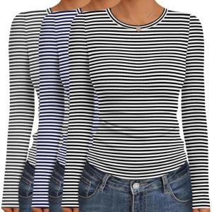 Ekouaer Women’s Long Sleeve Shirts 3 Packs Crew Neck Stretchy Fitted Tops Ribbed Base Layer Soft Thermal Undershirts Tee(Black White Stripe / Navy White Stripe / Grey White Stripe (3pcs))