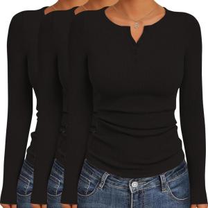 Ekouaer Women’s Long Sleeve Shirts 3 Packs Henley Button Down Tops Ribbed Slim Fit Base Layer Soft Thermal Tee(Black / Black / Black (3pcs))
