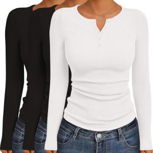 Ekouaer Women’s Long Sleeve Shirts 3 Packs Henley Button Down Tops Ribbed Slim Fit Base Layer Soft Thermal Tee(Black / Black / White (3pcs))