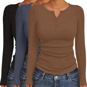 Ekouaer Women’s Long Sleeve Shirts 3 Packs Henley Button Down Tops Ribbed Slim Fit Base Layer Soft Thermal Tee(Black / Dark Gray / Brown (3pcs))