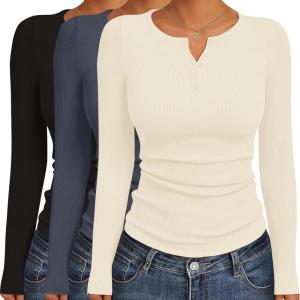 Ekouaer Women’s Long Sleeve Shirts 3 Packs Henley Button Down Tops Ribbed Slim Fit Base Layer Soft Thermal Tee(Black / Dark Gray / Cream (3pcs))