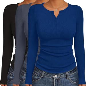Ekouaer Women’s Long Sleeve Shirts 3 Packs Henley Button Down Tops Ribbed Slim Fit Base Layer Soft Thermal Tee(Black / Dark Gray / Navy (3pcs))