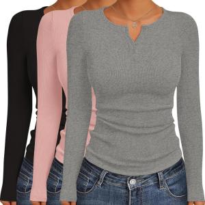 Ekouaer Women’s Long Sleeve Shirts 3 Packs Henley Button Down Tops Ribbed Slim Fit Base Layer Soft Thermal Tee(Black / Pink / Light Gray (3pcs))