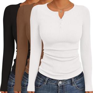 Ekouaer Women’s Long Sleeve Shirts 3 Packs Henley Button Down Tops Ribbed Slim Fit Base Layer Soft Thermal Tee(Black / White / Brown (3pcs))