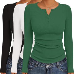 Ekouaer Women’s Long Sleeve Shirts 3 Packs Henley Button Down Tops Ribbed Slim Fit Base Layer Soft Thermal Tee(Black / White / Green (3pcs))