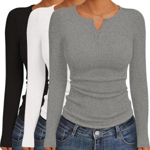 Ekouaer Women’s Long Sleeve Shirts 3 Packs Henley Button Down Tops Ribbed Slim Fit Base Layer Soft Thermal Tee(Black / White / Light Gray (3pcs))