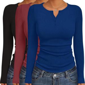 Ekouaer Women’s Long Sleeve Shirts 3 Packs Henley Button Down Tops Ribbed Slim Fit Base Layer Soft Thermal Tee(Black / Wine Red / Navy (3pcs))