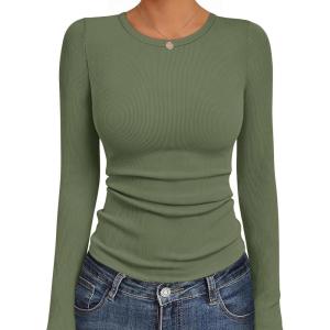 Ekouaer Womens Long Sleeve Shirts Crew Neck Stretchy Fitted Ribbed Tops Basic Base Layer Soft Thermal Undershirts Tee(Army Green)