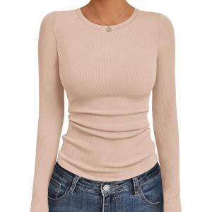 Ekouaer Womens Long Sleeve Shirts Crew Neck Stretchy Fitted Ribbed Tops Basic Base Layer Soft Thermal Undershirts Tee(Beige)