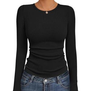 Ekouaer Womens Long Sleeve Shirts Crew Neck Stretchy Fitted Ribbed Tops Basic Base Layer Soft Thermal Undershirts Tee(Black)