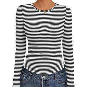 Ekouaer Womens Long Sleeve Shirts Crew Neck Stretchy Fitted Ribbed Tops Basic Base Layer Soft Thermal Undershirts Tee(Black White Stripe)