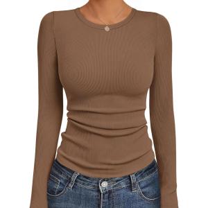 Ekouaer Womens Long Sleeve Shirts Crew Neck Stretchy Fitted Ribbed Tops Basic Base Layer Soft Thermal Undershirts Tee(Brown)