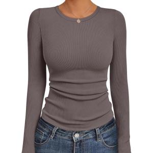 Ekouaer Womens Long Sleeve Shirts Crew Neck Stretchy Fitted Ribbed Tops Basic Base Layer Soft Thermal Undershirts Tee(Coffee Grey)