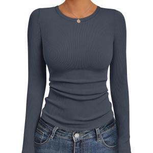Ekouaer Womens Long Sleeve Shirts Crew Neck Stretchy Fitted Ribbed Tops Basic Base Layer Soft Thermal Undershirts Tee(Dark Gray)
