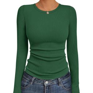 Ekouaer Womens Long Sleeve Shirts Crew Neck Stretchy Fitted Ribbed Tops Basic Base Layer Soft Thermal Undershirts Tee(Green)
