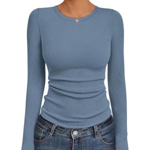 Ekouaer Womens Long Sleeve Shirts Crew Neck Stretchy Fitted Ribbed Tops Basic Base Layer Soft Thermal Undershirts Tee(Grey Blue)