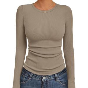 Ekouaer Womens Long Sleeve Shirts Crew Neck Stretchy Fitted Ribbed Tops Basic Base Layer Soft Thermal Undershirts Tee(Khaki)