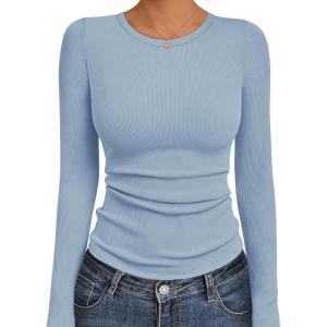 Ekouaer Womens Long Sleeve Shirts Crew Neck Stretchy Fitted Ribbed Tops Basic Base Layer Soft Thermal Undershirts Tee(Light Blue)