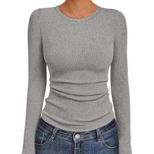 Ekouaer Womens Long Sleeve Shirts Crew Neck Stretchy Fitted Ribbed Tops Basic Base Layer Soft Thermal Undershirts Tee(Light Gray)