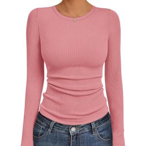 Ekouaer Womens Long Sleeve Shirts Crew Neck Stretchy Fitted Ribbed Tops Basic Base Layer Soft Thermal Undershirts Tee(Rose Pink)