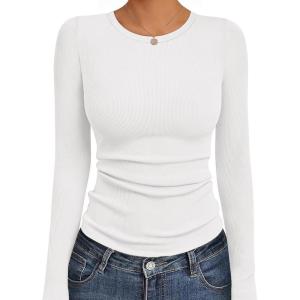 Ekouaer Womens Long Sleeve Shirts Crew Neck Stretchy Fitted Ribbed Tops Basic Base Layer Soft Thermal Undershirts Tee(White)