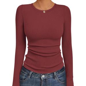 Ekouaer Womens Long Sleeve Shirts Crew Neck Stretchy Fitted Ribbed Tops Basic Base Layer Soft Thermal Undershirts Tee(Wine Red)