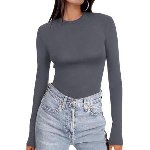 Ekouaer Women’s Long Sleeve Shirts Tight Fitted Tops Crewneck Underscrubs Tee Lightweight Basic Thermal Undershirts(Darkgrey)