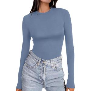 Ekouaer Women’s Long Sleeve Shirts Tight Fitted Tops Crewneck Underscrubs Tee Lightweight Basic Thermal Undershirts(Dusty Blue)