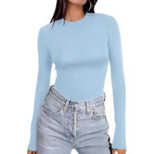 Ekouaer Women’s Long Sleeve Shirts Tight Fitted Tops Crewneck Underscrubs Tee Lightweight Basic Thermal Undershirts(Light Blue)
