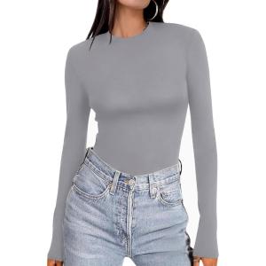 Ekouaer Women’s Long Sleeve Shirts Tight Fitted Tops Crewneck Underscrubs Tee Lightweight Basic Thermal Undershirts(Light Grey)