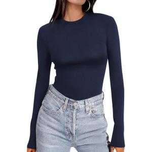 Ekouaer Women’s Long Sleeve Shirts Tight Fitted Tops Crewneck Underscrubs Tee Lightweight Basic Thermal Undershirts(Navy Blue)