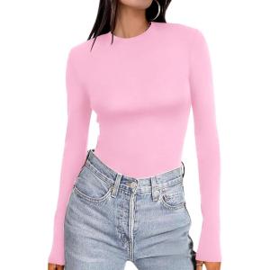 Ekouaer Women’s Long Sleeve Shirts Tight Fitted Tops Crewneck Underscrubs Tee Lightweight Basic Thermal Undershirts(Pink)