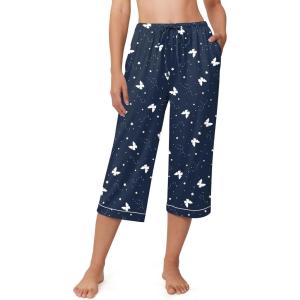 Ekouaer Womens Pajamas Pants Capri Pj Bottoms with Pockets Comfy Drawstring Printed Lounge Soft Sleep Pants(Butterfly)