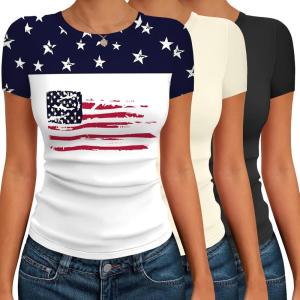 Ekouaer Womens Short Sleeve Shirts 3 Pack Crew Neck Tops Slim Fit Basic Tees Trendy Clothes Base Layer(3pcs Black/ Beige/ Print Flag)