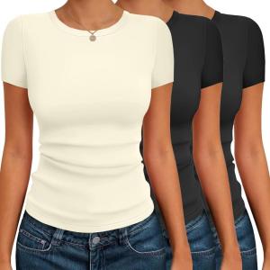 Ekouaer Womens Short Sleeve Shirts 3 Pack Crew Neck Tops Slim Fit Basic Tees Trendy Clothes Base Layer(3pcs Black/ Black/ Beige)