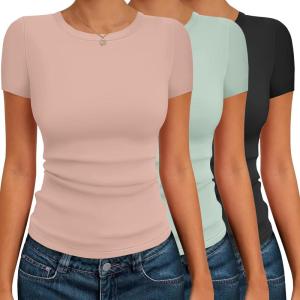Ekouaer Womens Short Sleeve Shirts 3 Pack Crew Neck Tops Slim Fit Basic Tees Trendy Clothes Base Layer(3pcs Black/ Light Green/ Dirty Pink)
